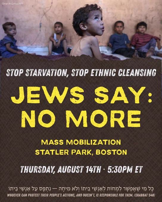 Jews Say: No More
Statler Park, Boston
Thursday, August 14th 5:30 PM ET
Stop Starvation, Stop Ethnic Cleansing