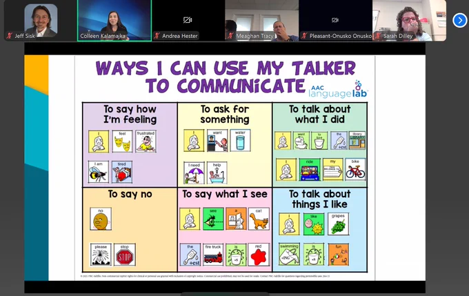 A desktop screenshot of a virtual meeting is shown with a large presentation slide and several attendees in a top ribbon.  The slide has a title, "Ways I Can Use My Talker to Communicate" with picture symbols categorized in a 6 cell grid.