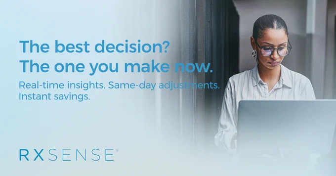 Image of a person holding a laptop. Image copy reads 'The best decision? The one you make now.' In smaller image copy: 'Real-time insights. Same-day adjustments. Instant savings.' 