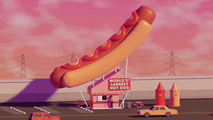 A giant hotdog towers over a parking lot while a food delivery gig worker waits for an order in a still from Julian Glander's BOYS GO TO JUPITER. 