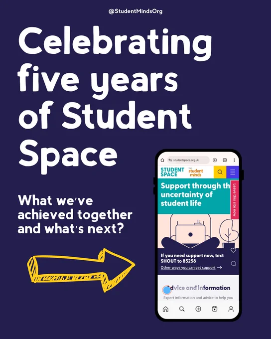 "Celebrating five years of Student Space" and shows a smartphone displaying the Student Space website. A yellow arrow emphasizes the phone screen.