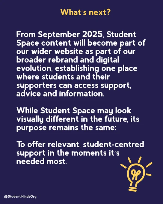 Promotional graphic from Student Minds Org highlighting an upcoming integration of the Student Space website into a broader content platform, focusing on student support, exploration, and digital evolution. The background is navy blue with text and design elements in yellow and white, including a light bulb icon.