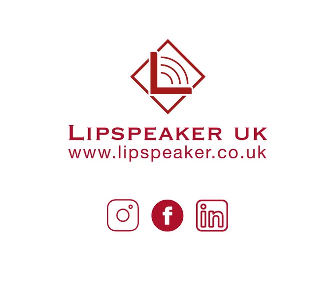 Lipspeaker UK logo in dark red above the words “Lipspeaker UK” and the website address “www.lipspeaker.co.uk” in matching dark red text. Below are three social media icons: Instagram, Facebook, and LinkedIn, also in dark red. The background is white.