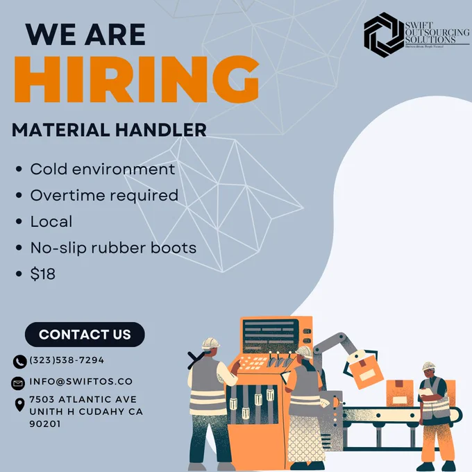 We are hiring for Material handler, feel free to contact us if you have any questions!

#applynow #applyforajobnow #jobagency #swiftoutsourcingsolutions #sos #coldenvironmentjob #coldenvironment #overtimejob #local #southgate #cudahy