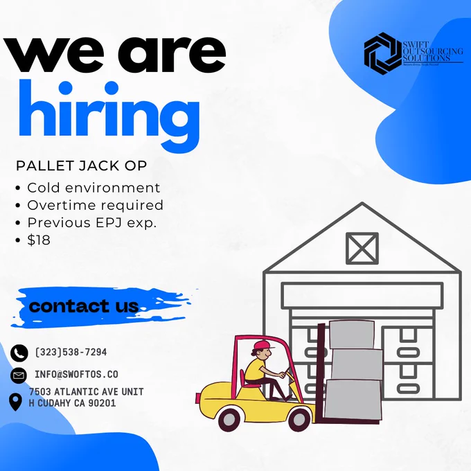 We are hiring for Pallet Jack Operator. Feel free to contact us if you have any questions.

#applynow #applyforajobnow #jobagency #swiftoutsourcingsolutions #sos #warehousejob #warehouse #coldeenvironment #overtime #overtimejobs #palletjack #palletjackexperience #southgate #cudahy