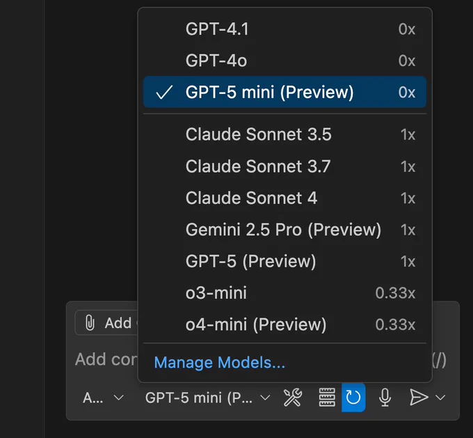 A screenshot of the model picker in VS Code showing GPT-5 mini (preview) selected