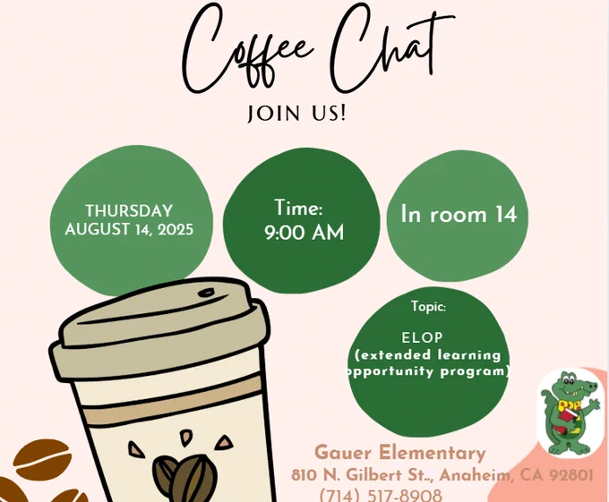 Join us for our first Coffee Chat with the Principal tomorrow, Thursday! You can also join online. Check your Parent Square for the link.

meet.google.com/ktt-tmpy-qta

¡Acompañenos a nuestro primer cafecito con la directora mañana, jueves! También puede conectarse en linea. Revise Parent Square para el enlace.