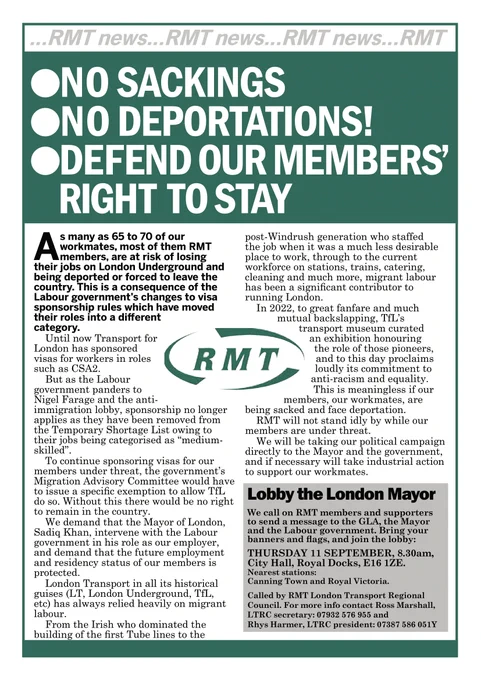 Image of leaflet - full text at https://www.labourfreemovement.org/wp-content/uploads/2025/08/rmt-leaflet-220725visasFINAL.pdf