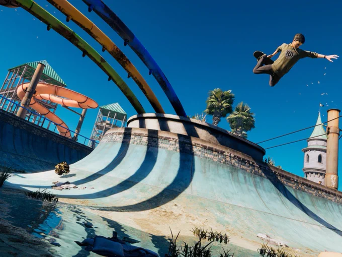 A digital artwork depicting a skateboarder performing a trick in an abandoned, waterless aquatic park with slides and a castle-like structure in the background.