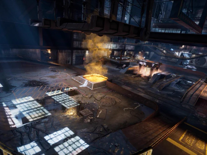 Interior of the Stark Industries factory, showing an industrial setting with molten metal being processed in a large, dimly-lit workshop filled with advanced machinery and technology.