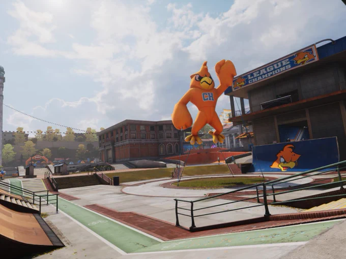 A digital rendering of a skatepark scene from the video game Tony Hawk's Pro Skater, featuring a large inflatable mascot shaped like a chicken, along with banners that read 'League Champions.'