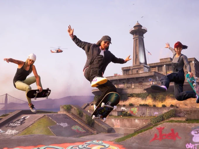 Three individuals skateboarding at a park near the Golden Gate Bridge, performing tricks in the air, with a helicopter flying in the background.