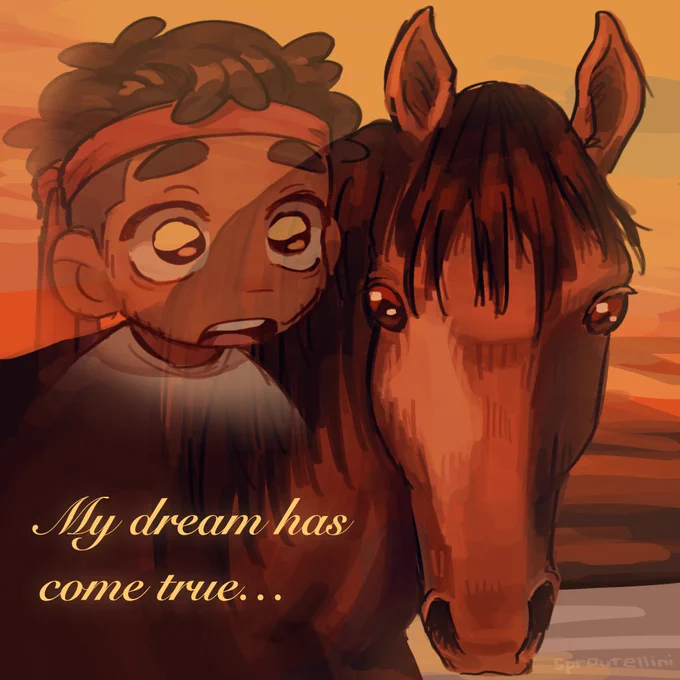 bdoubleo100 fanart of him becoming a horse in past life captioned “my dream has come true…”