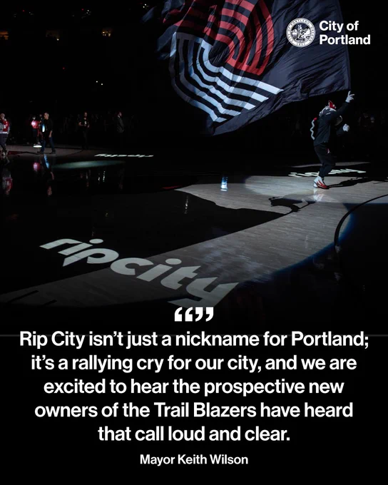 Photo of Blaze the Blazers mascot running on the Moda Center basketball court with a large Blazers flag, Rip City is being projected onto the basketball court. “Rip City isn’t just a nickname for Portland; it’s a rallying cry for our city, and we are excited to hear the prospective new owners of the Trail Blazers have heard that call loud and clear.” Mayor Keith Wilson. City of Portland seal and wordmark.