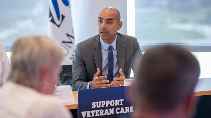 Secretary Jon Santiago, MD, MPH, at the veterans roundtable at UMass Chan