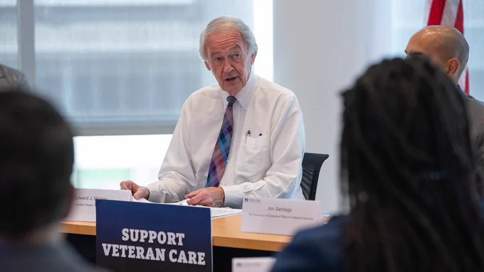 Sen. Ed Markey speaks during the veterans roundtable at UMass Chan