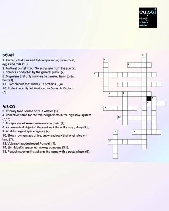 This image shows a pastel-coloured background with a black-and-white crossword puzzle grid positioned on the right-hand side. In the top-right corner is the Edinburgh University Science Media logo. On the left-hand side of the image are the crossword clues, split into two sections titled “DOWN” and “ACROSS,” each followed by numbered definitions. The crossword grid has numbered squares corresponding to each clue, with some answers intersecting. The overall design has a light gradient from cream to lavender and blue in the background.
