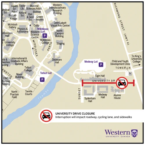 Map showing University Drive will close to motor vehicles and cyclists between Richmond Street and Sunset Street, daily from August 14 to 22 from 7 a.m. to 5 p.m. to complete road work.

