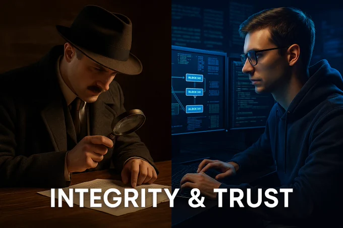 A composite digital artwork showing a visual contrast between traditional investigation methods and modern cyber forensics. The left side features a vintage detective with a fedora and magnifying glass, symbolizing classic investigative work. The right side shows a modern cyber investigator analyzing blockchain data on a high-tech screen, with glowing network nodes and digital code. A central dividing line blends the eras, symbolizing the shared values of W.A.D. and CNC Intelligence across time.