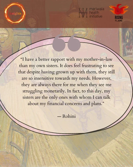 On top are the Insights, MHI and RF logos. The background is Van Gogh’s the Night Cafe. Overlayed is a pink ovular text box with a quotation mark on top: “I have a better rapport with my mother-in-law than my own sisters. It does feel frustrating to see that despite having grown up with them, they still are so insensitive towards my needs. However, they are always there for me when they see me struggling monetarily. In fact, to this day, my sisters are the only ones with whom I can talk about my financial concerns and plans.” — Rohini