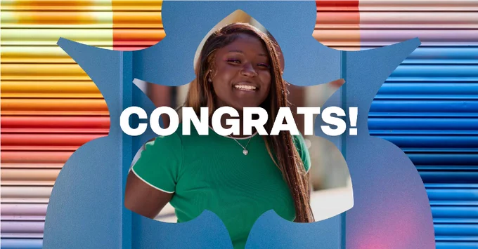A smiling student is framed by a blue Manchester Met logo outline with the word "Congrats" displayed over it.