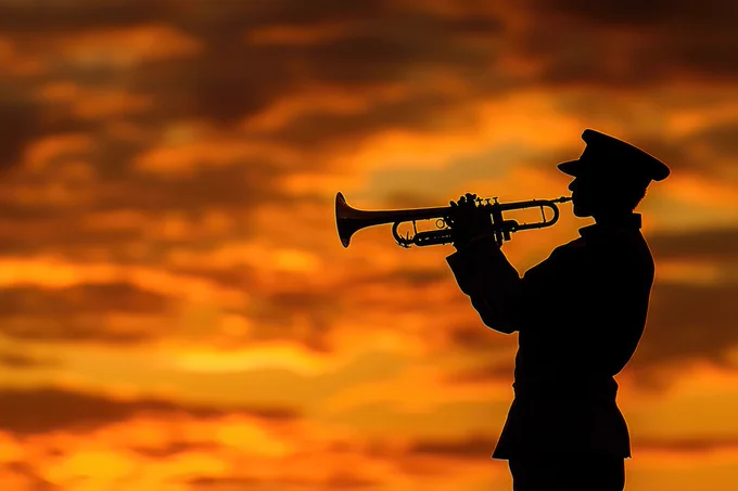 A man in uniform playing a trumpet, silhouetted by a sunset