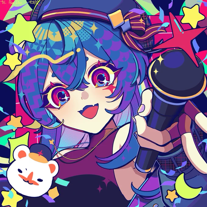 a saturated, pop-style art of souly_ch with a microphone and smiling into the camera, stars in her eyes.