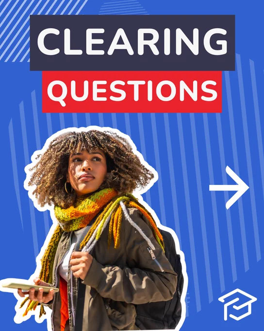 Promotional graphic titled 'CLEARING QUESTIONS' featuring a person with curly hair, holding a smartphone and wearing a backpack, set against a blue abstract background with directional arrows and the logo of a recognizable entity.