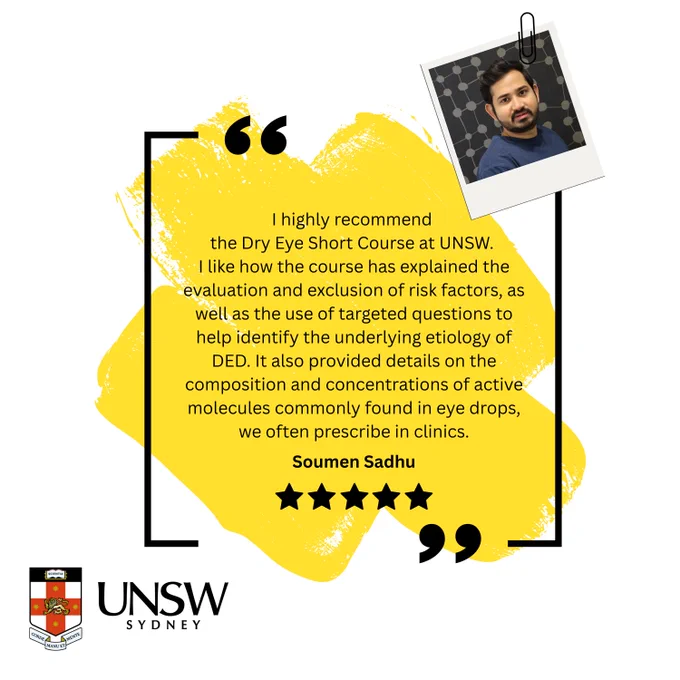 Testimonial from Soumen Sadhu recommending the Dry Eye Short Course at UNSW 