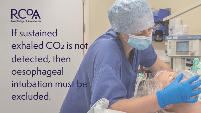 Image of medical professional positioning a oxygen mask on a patient lying down. Text reads: If sustained exhaled C02 is not detected, then oesophageal intubation must be excluded.