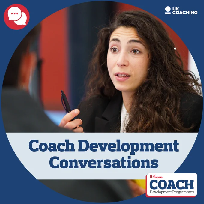 Logo of UK Coaching at the top right corner and text "Coach Development Conversations"  On a blue background. In the foreground, a person is speaking and holding a pen.
