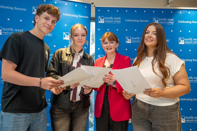 The Minister is pictured with NWRC level 3 BTEC extended diploma students Harry Lavery, Eve Gorman and Ellie Kelly Carton.