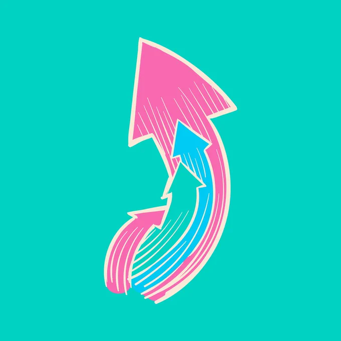 Graphic illustration of three arrows in various colours—pink, blue, and a mix of both—pointing upward and curving to the right on a bright turquoise background. The arrows are stylised with lines giving them a dynamic appearance.