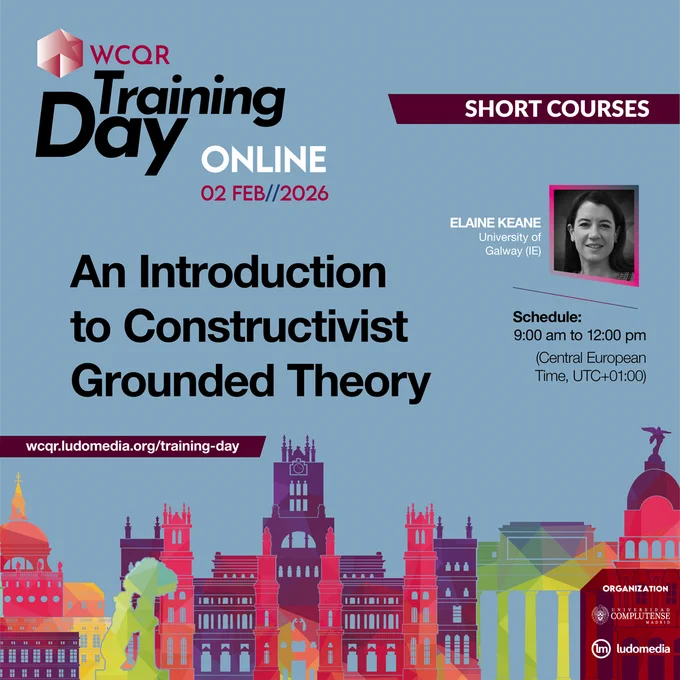 A promotional banner for a "Training Day" online short course titled "An Introduction to Constructivist Grounded Theory." The event is scheduled for February 2, 2026. The instructor is Elaine Keane from the University of Galway (IE). The schedule is from 9:00 am to 12:00 pm, Central European Time (UTC 01:00). The banner features a colorful, stylized cityscape silhouette at the bottom, with logos for WCQR, Universidad Complutense de Madrid, and Ludomedia at the bottom right. The website address "wcqr.ludomedia.org/training-day" is also prominently displayed.
