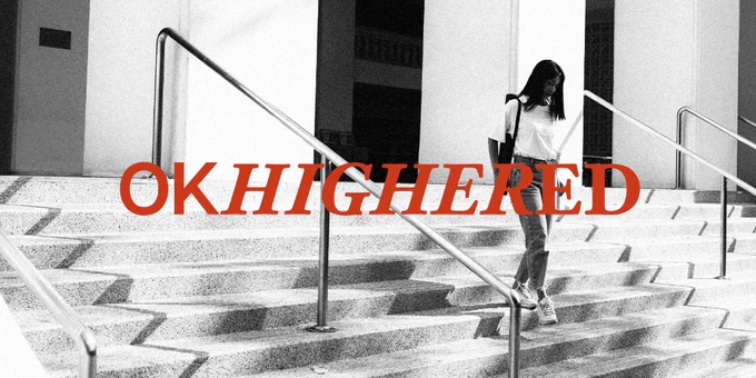 Young woman in casual clothes walking down sunlit concrete stairs. Text reads: "OKHigherEd"