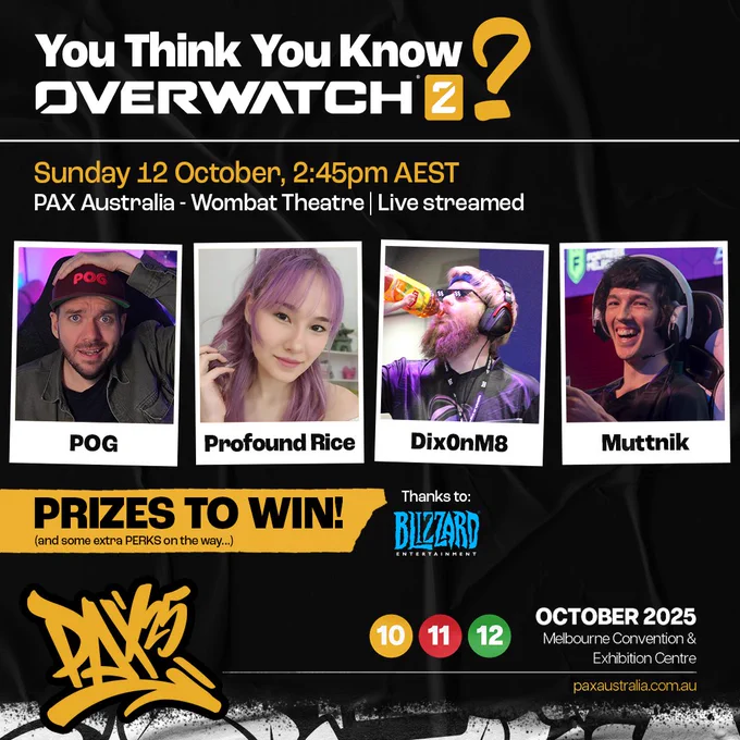A promotional graphic for a PAX Australia panel titled "You Think You Know Overwatch 2?". The image features photos of the panelists POG, profound_rice, dix0nm8, and MuttnikOW. The event details are listed as Sunday, October 12, 2:45 PM in the Wombat Theatre. The graphic also includes the PAX Aus and Blizzard ANZ logos, with text that says "Prizes to win!".