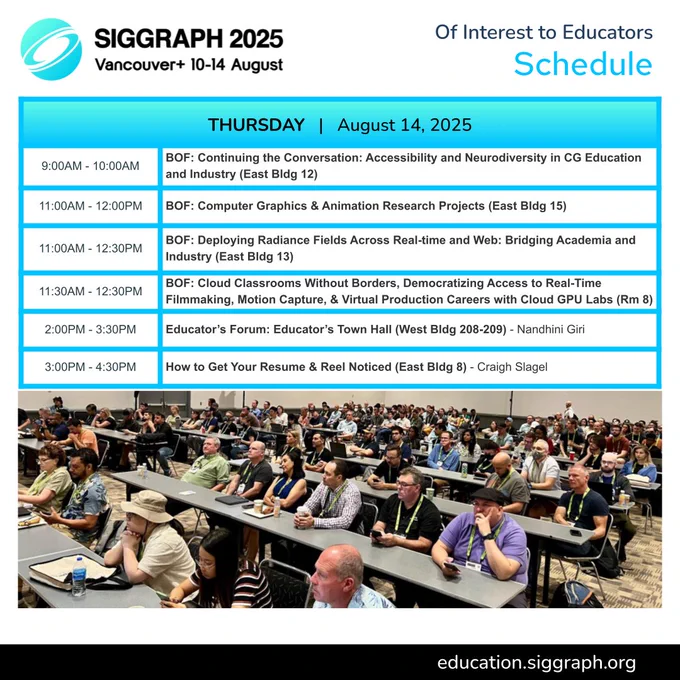 Graphic featuring a photograph full of educators at siggraph in audience. Table with text; the 'of interest to educators schedule' for Thursday August 14, 2025 more detail available using the link in this post.
