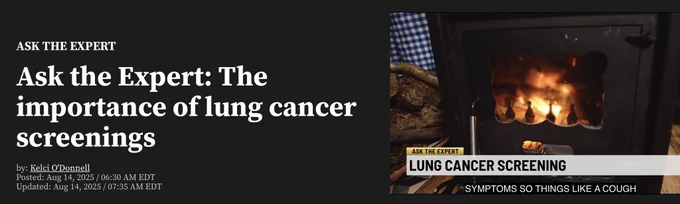 A screenshot from a news story. Text says “Ask the Expert: The importance of lung cancer screenings.” To the right of it is a capture from the video that shows a lit wood stove.