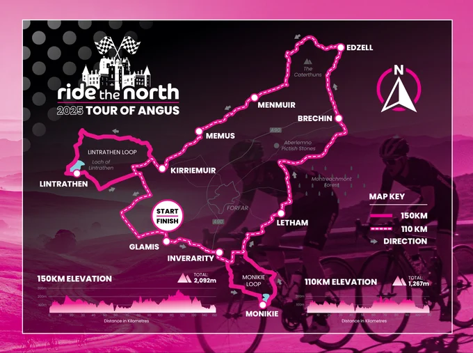 Map of the 2025 Ride the North Tour of Angus showing the cycling routes available and the towns and villages along the way.