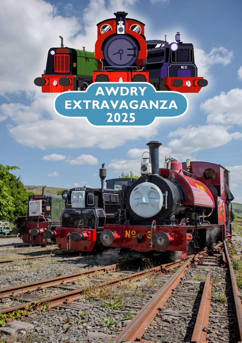 Sir Handel, Rusty and Fred side by side at Tywyn Wharf on a beautiful sunny day. Above them is the Awdry Extravaganza logo 