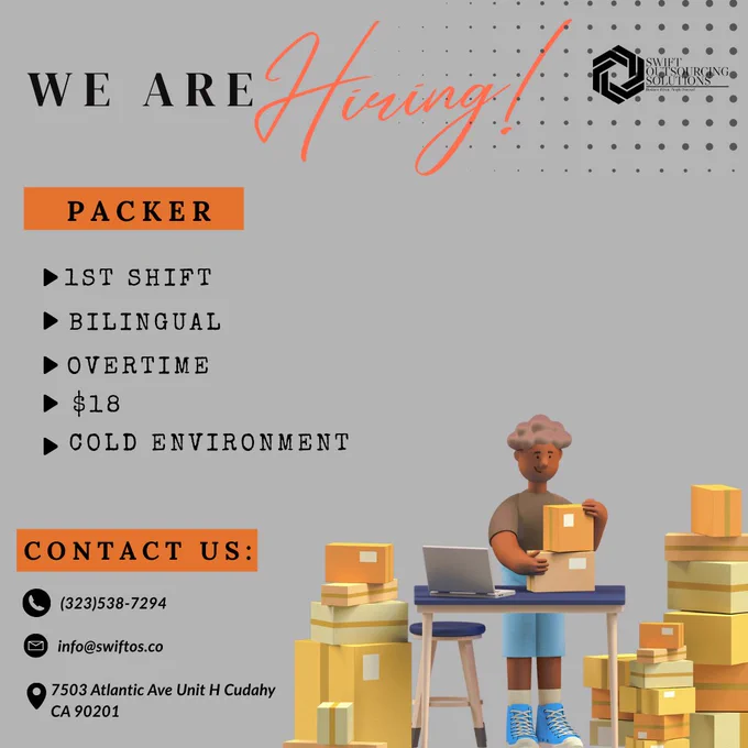 We are hiring for a Packer position. Feel free to contact us if you have any questions!

#applynow #applytoday #jobagency #swiftoutsourcingsolutions #sos #packer #packerjob #pakerwarehouse #1stshift #bilingualjobs #bilingual #overtime #overtimejobs #coldenvironment #coldenvironmentjob #cudahy #southgate