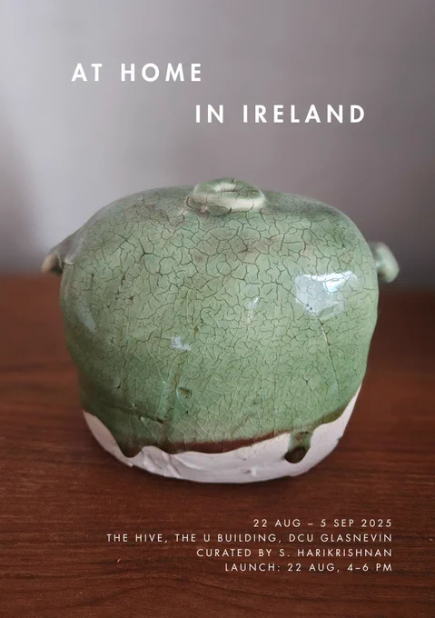 A porcelain vase on a wooden table. Title of the exhibition (above) and details of the event and venue written in white text below. 