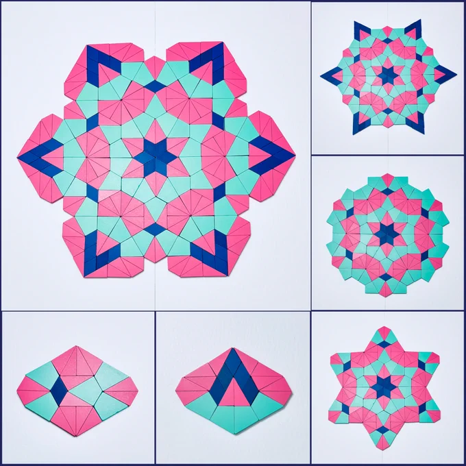 The main image in the upper left corner shows a radial design created with 21st Century Pattern Blocks. The design begins with six octagons arranged around a central star. Each octagon uses the same block arrangement in the first layer. Surrounding this, a second layer consists of 6 additional octagons, constructed using a different block arrangement. The first two images along the bottom show the two distinct octagons used in the design. The first octagon is made up of 1 blue rhombus, 5 teal kites, and 14 pink triangles. The second octagon is made up of 4 teal kites, 5 blue rhombuses, and 12 pink triangles. The three images on the right show the progression of the design.