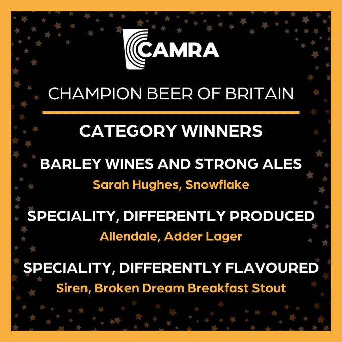 A yellow border with a black background and faint stars. Inside the image is a white CAMRA logo at the top and a list of both yellow and white text detailing a beer style category and the corresponding winner