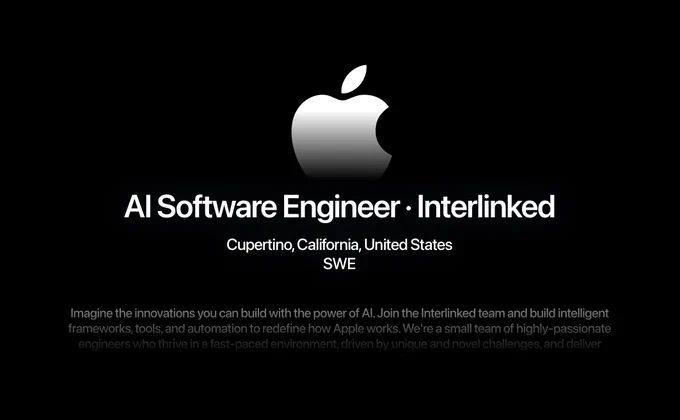 Apple job posting featuring the Apple logo on a plain background. The position is "AI Software Engineer • Interlinked" located in Cupertino, California, United States.