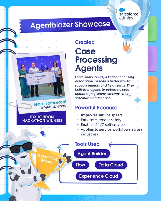 Promotional poster for the Agentblazer Showcase featuring Salesforce products. Includes sections titled 'Created Case Processing Homes,' listing benefits such as enhanced safety measures and workflow improvements, alongside logos for 'Agent Builder,' 'Flow,' and 'Experience Cloud.' The image shows a group of three people standing by a presentation screen, and several decorative elements related to technology and innovation.
