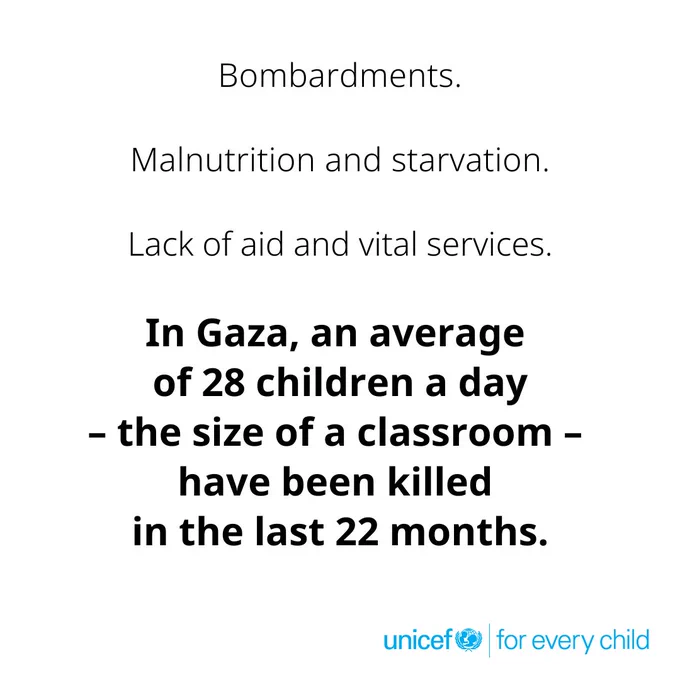 Bombardments. Malnutrition and starvation. 
Lack of aid and vital services.
In Gaza, an average of 28 children a day – the size of a classroom – have been killed in the last 22 months.