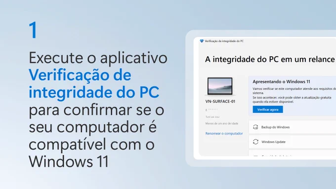 Texto ao lado de captura de tela parcial do aplicativo Verificação de integridade do PC que diz: "Execute o aplicativo Verificação de integridade do PC para confirmar se o seu PC é compatível com o Windows 11".
