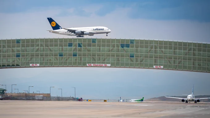 A380 flying over the A-Bridge at DEN 