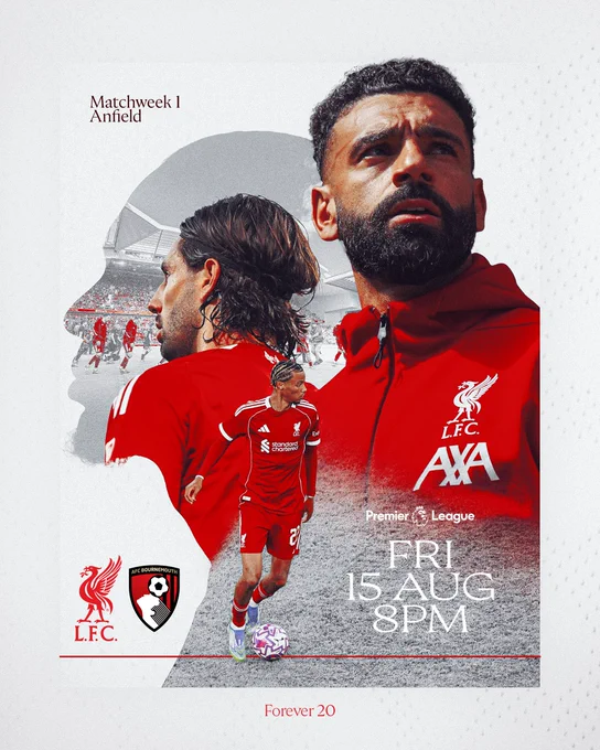 Matchday graphic for Liverpool vs Bournemouth in the Premier League.

The match will take place on Friday 15th August 2025, 20:00 BST kick-off at Anfield.